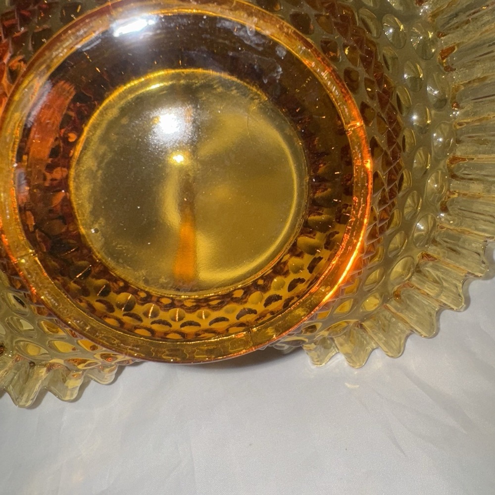 Vtg FENTON AMBER GLASS HOBNAIL RUFFLED EDGE BASKET CANDY DISH 9.5" Tall - Picture 7 of 13